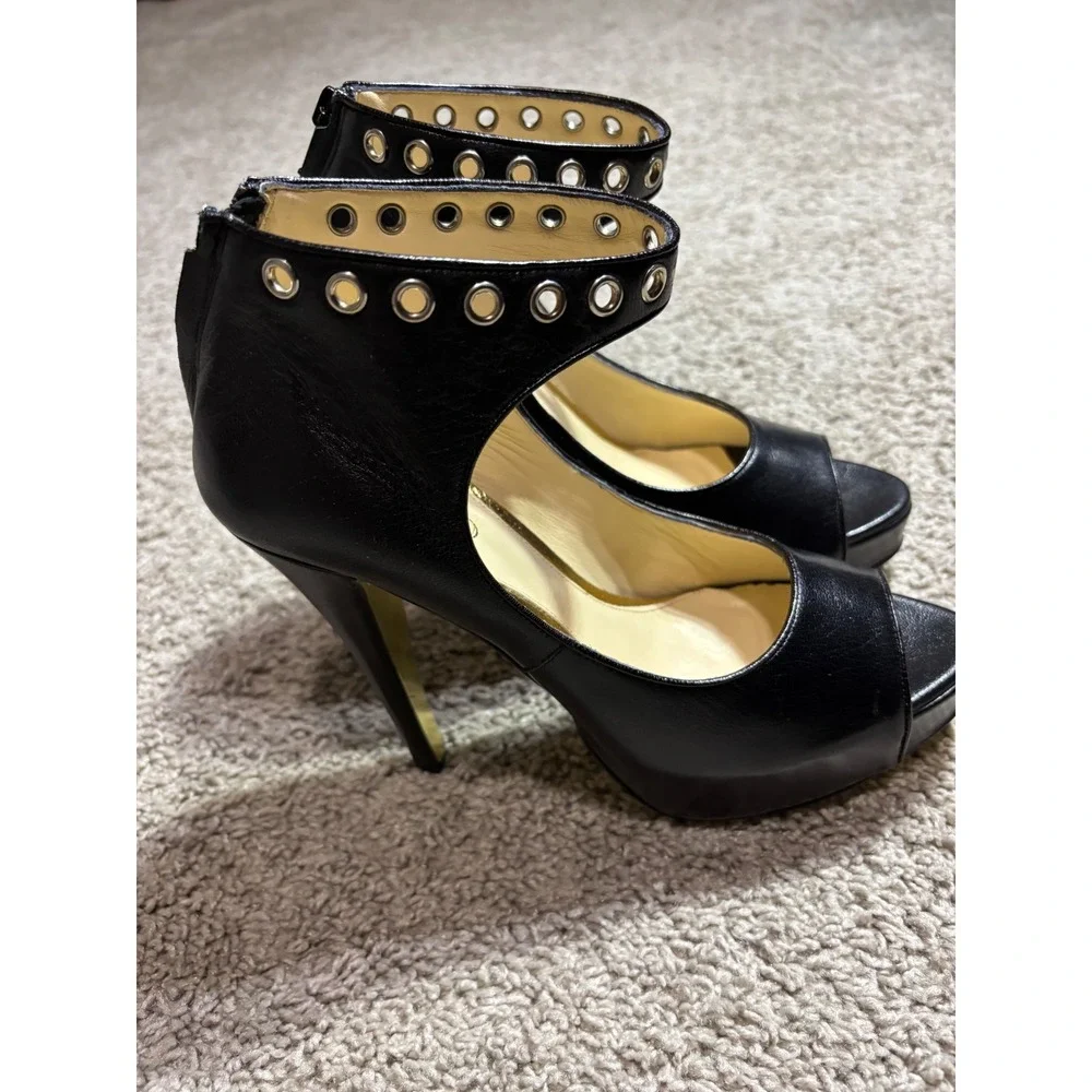 Be & D Black Leather Grommet Ankle Strap Peep Toe Platform Pumps Heels Italy 37